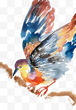 树枝彩色水墨画图片_彩色的小鸟