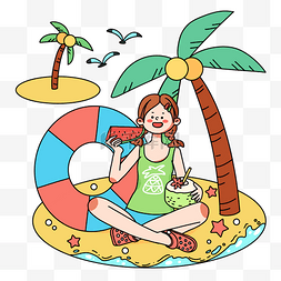 沙滩人物素材图片_夏天夏季描边人物海边女孩