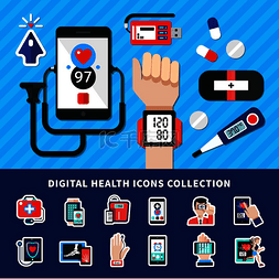 电子移动设备图片_数字健康平面横幅图标集合与医疗
