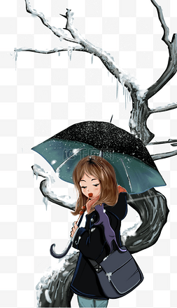 手枯树图片_立冬女孩手拿雨伞