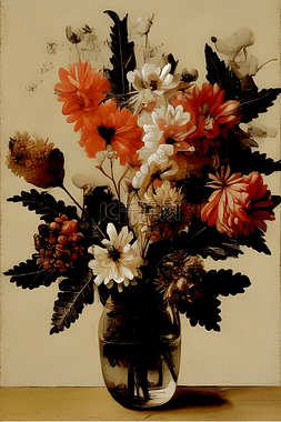 红色花朵油画图片_花瓶中的插花