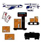 航空和铁路货运服务图标，包括飞机和直升机、油罐车、信件和送货箱，秤和传送带上带有包装标志。