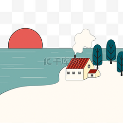 房屋元素图片_卡通海边日落景观