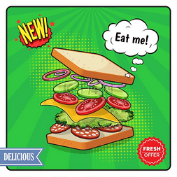 广告素材海报图片_漫画风格的三明治广告海报。