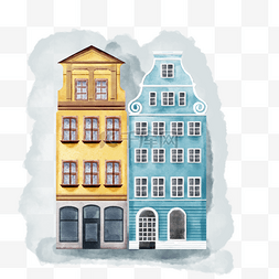扁平城市海报图片_阿姆斯特丹黄色房子水彩