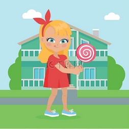 女孩手里拿着棒棒糖在房子前面。
