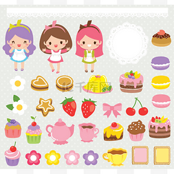 素材组成的图片_由女孩、糖果、蛋糕、茶杯和花边