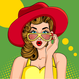 summer图片_Pop art style retro lady wearing sunglasses