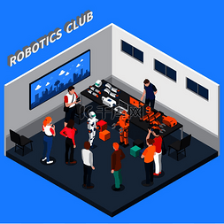 蓝色背景主图图片_机器人俱乐部等距组成包括具有人