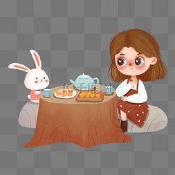 小女孩和小兔子一起吃糕点