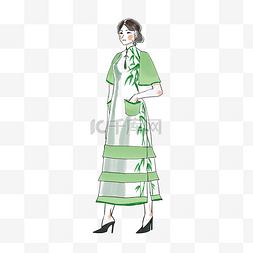 穿绿色长裙的时装模特