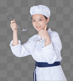 年轻女厨师拿勺子点赞
