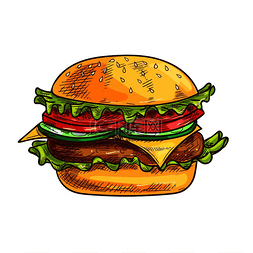 烤面包标签图片_芝士汉堡快餐草图图标矢量新鲜汉