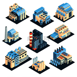 矢量图城市工厂图片_等距工业厂房工厂设置与孤立的彩