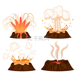 卡通风格插图图片_火山喷发阶段矢量插图集火山冒着