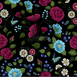 黑色背景玫瑰图片_花卉刺绣无缝图案传统花卉民间风