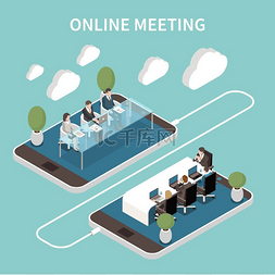 互联网会议背景图片_在线会议等距组合与云 2 会议室内