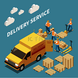 仓库托盘图片_送货服务等距构图与工人装载货物