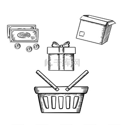 礼物带蝴蝶结图片_购物篮、带蝴蝶结的礼品盒、纸板