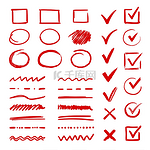 涂鸦复选标记和下划线清单项目的手绘红色笔画和钢笔标记标记矢量标记检查手写符号和复选框涂鸦复选标记和下划线列表项的手绘红色笔划和笔标记矢量标记