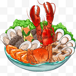 美食主图背景图片_手绘海鲜盛宴海鲜拼盘美食