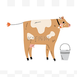 斑点奶牛和牛奶桶，农业，奶牛畜