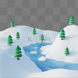 雪山冰河图片_3DC4D立体冬季雪山松树河流雪景