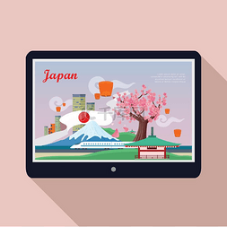 地标日本图片_平板电脑屏幕上的日本地标。