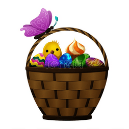 卡通动物和蛋糕图片_柳条篮子，上面有复活节彩蛋和蛋