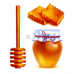 蜂蜜熊图标图片_蜂蜜逼真的图标设置有装满黄色蜂