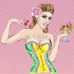 冰淇淋甜点海报图片_性感的波普艺术女人画像配冰激淋