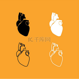 动脉加压图片_人类的心脏设置黑色和白色图标。