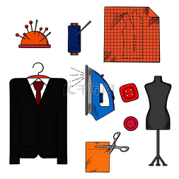 服装裁剪图片_裁缝工具、布料和配饰图标，衣架