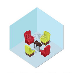游戏建筑插图图片_等距投影中的单元向量房间内部配