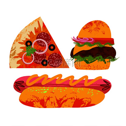 披萨牛排汉堡图片_收集快餐白色背景上的矢量插图披