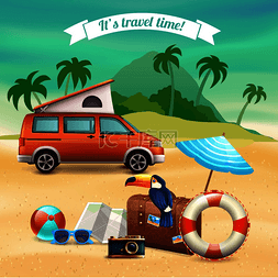 海滩旅行海报图片_夏季逼真的假日海报带有旅游橙色