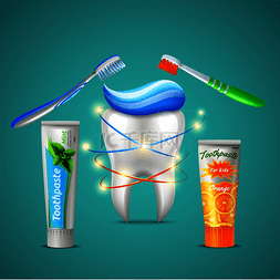 牙膏与牙刷图片_家庭牙科护理逼真的组成与闪亮的
