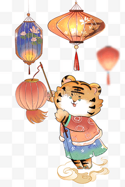 老虎灯笼图片_老虎春节新年国潮小老虎插画