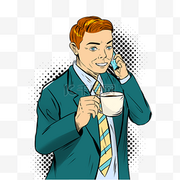 漫画风男人图片_波普风格商务人士喝咖啡