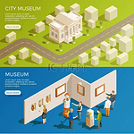 城市博物馆横幅套装博物馆横幅等距收藏带有简化的城市风景和古董展览空间带有阅读更多按钮矢量插图