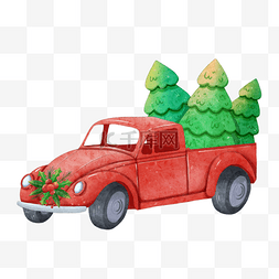 圣诞汽车装饰图片_圣诞卡车运送圣诞树水彩风格