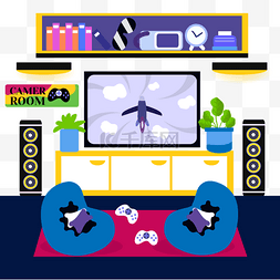 游戏游戏平台图片_蓝色坐垫平面游戏室内房间插图