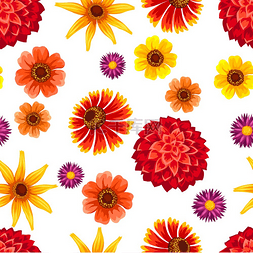 红色与黄色花图片_与秋天的花朵的无缝模式。