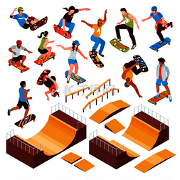 动员矢量图片_等距滑板平台集孤立的滑板公园元