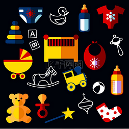 人的金字塔图片_婴儿玩具和物品平面图标与婴儿床