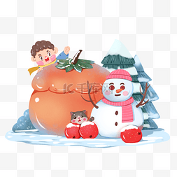 大寒柿子图片_大寒大雪冬季雪景冬景堆雪人滚雪