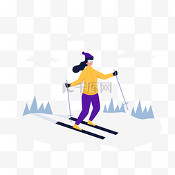 羽绒大绒朵图片_雪山滑雪运动女孩扁平风格插画
