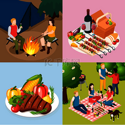 梦幻城堡森林图片_烧烤野餐等距图标集，在树林里的