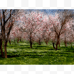 生机勃勃的树木图片_草地上的桃花