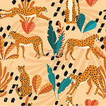 无缝图案与手绘异国情调的大猫猎豹，热带植物和浅橙色背景上的抽象元素。